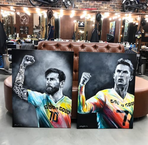 Lionel Messi and Cristiano Ronaldo | Oil And Acrylic Painting in Paintings by Anthony Hernandez Art | The Spot Barbershop - Merrick Park in Coral Gables