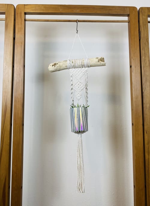 Hanging Macramé Wall Planter with Quartz Crystal Pendant | Macrame Wall Hanging by Cosmic String Fiber Art