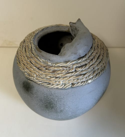 Rounded Vessel with Cat On Rim | Vase in Vases & Vessels by Sheila Blunt