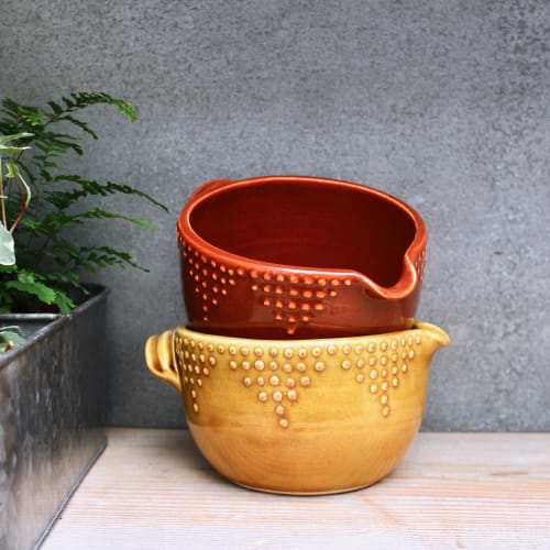Batter Bowl - Geometric Dot Design - In Spicy Mustard Yellow and Spiced Pumpkin Orange | Utensils by Back Bay Pottery | Private Residence in Baywood-Los Osos