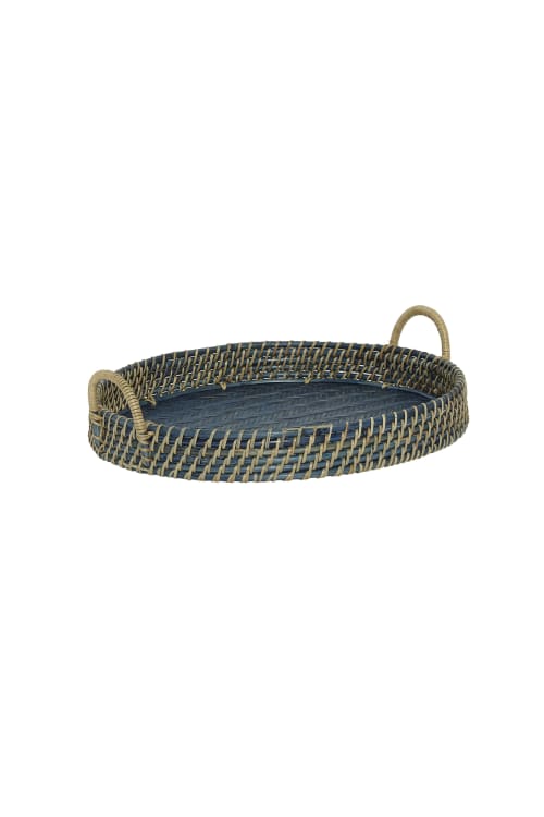 Handmade Round Blue Natural Bamboo and Cane Serving Tray | Serveware by Amara