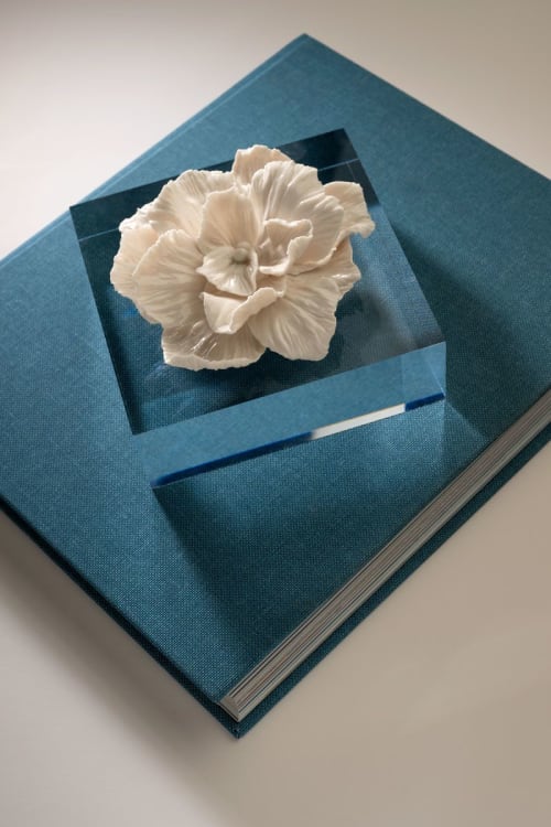 Hand Sculpted Porcelain Gardenia on Lucite Block | Decorative Objects by Julia Stanger Studios