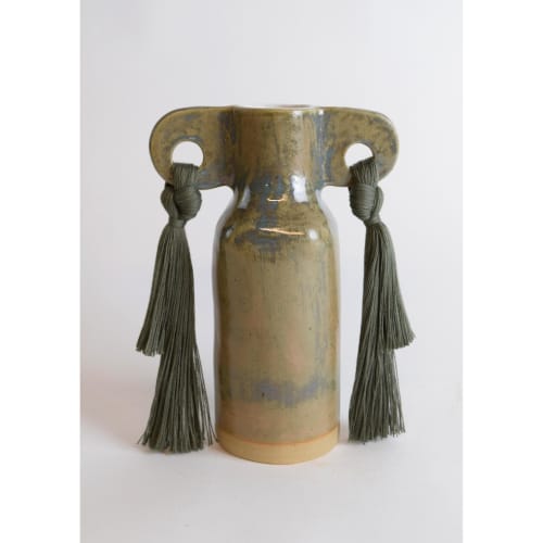 Handmade Ceramic Vase #606 in Olive with Cotton Fringe | Vases & Vessels by Karen Gayle Tinney