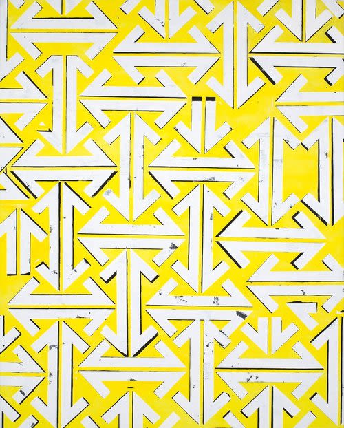 Yellow painting with graphic white arrows | Oil And Acrylic Painting in Paintings by Margaret Lanzetta