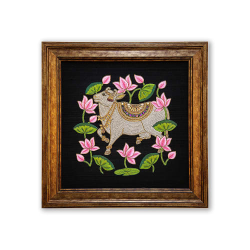 Embroidery Wall Art Of Hindu God Kamdhenu Cow | Wall Hangings by MagicSimSim