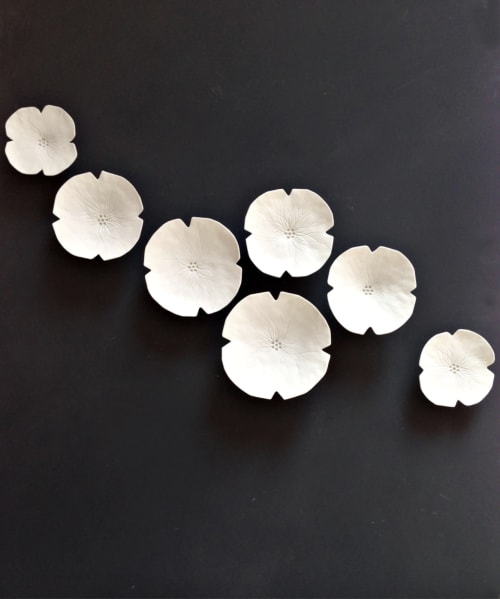 Floral ceramic wall art set of 7 white porcelain flowers | Wall Sculpture in Wall Hangings by Elizabeth Prince Ceramics