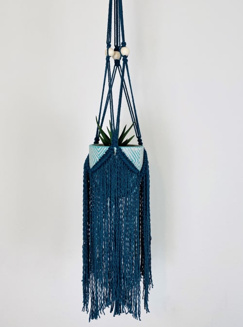 Teal Macramé Plant Hanger with Long Fringe and Wood Beads | Plants & Flowers by Cosmic String Fiber Art