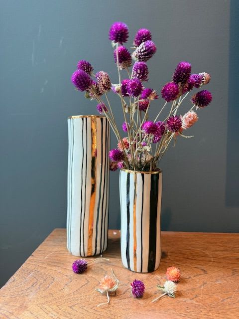 Handmade Heirloom Stripe Ceramic Cylinder Vase with 22K Gold | Vases & Vessels by Hsieh Clay SF