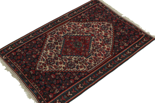 1950s Vintage Senneh Kilim in Red, Blue & White Tribal | Rugs by Rug a