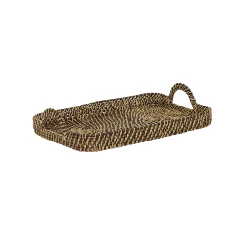 Handmade Rectangular Brown & Natural Tray with Handles | Serving Tray in Serveware by Amara