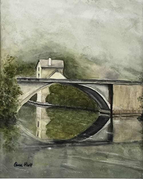 Bridge Reflection on a Still Lake Surface | Watercolor Painting in Paintings by Gina Huitt Fine Art