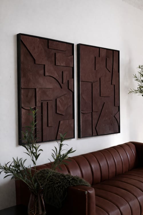 Textured Wall Art Set, Sculptural Wall Panels, Deep Brown Ma | Mixed Media by Blank Space Studios