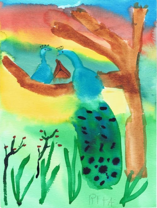 Purim Peacock - Original Watercolor | Paintings by Rita Winkler - "My Art, My Shop" (original watercolors by artist with Down syndrome)