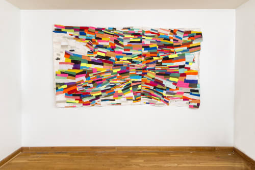 "Teetertotter," machine sewn fabric collage, 52x92" | Wall Hangings by Andrea Myers
