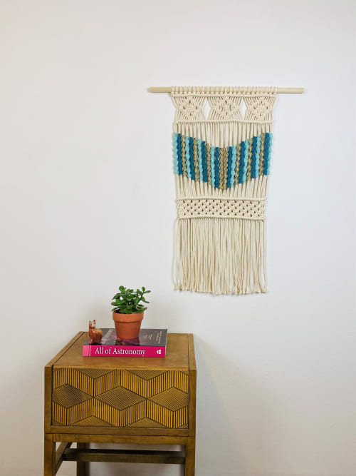 Teal, Turquoise and Metallic Gold Macramé Wall Hanging | Macrame Wall Hanging by Cosmic String Fiber Art