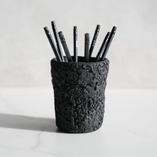 Pencil Cup in Textured Carbon Black Concrete | Decorative Objects by Carolyn Powers Designs