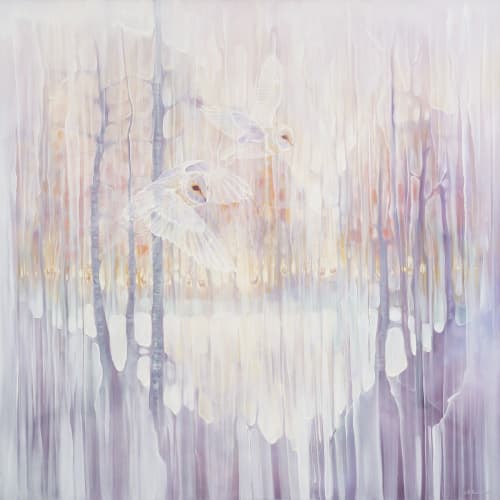 Out of this World is a large white oil painting with owls | Oil And Acrylic Painting in Paintings by Gill Bustamante