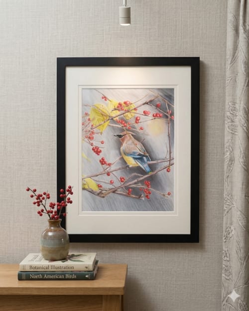Cedar Waxwing and Berries Colored Pencil Illustration | Drawings by Stacie Dale Designs