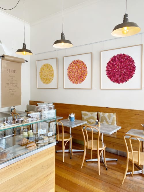 "Red Avadavat", "Rufous-backed Kingfisher" and "Yellow Warbler" paper feather artworks | Mixed Media by Mondocherry | Cafe Claremont in Malvern