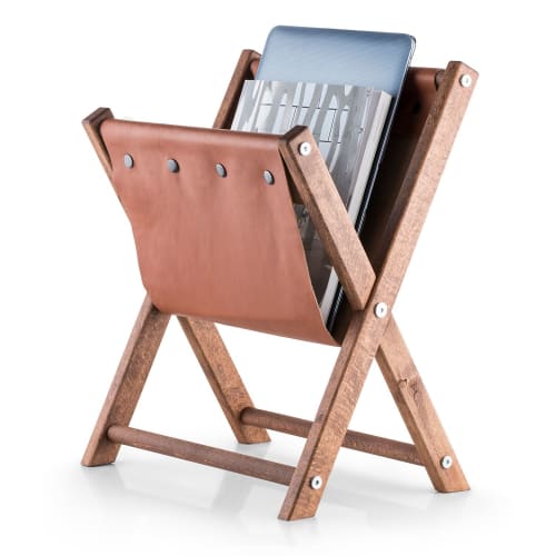 Newspaper Holder, Leather&Wood Storage, Brown | Storage by Halohope Design