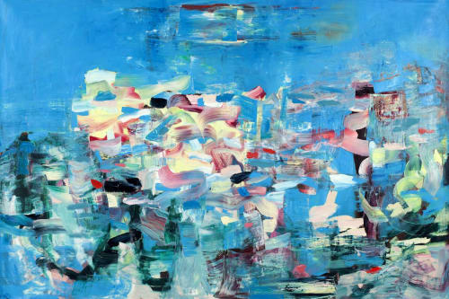 Dog Monsoon blue yellow pink abstract painting | Paintings by Galen Cheney
