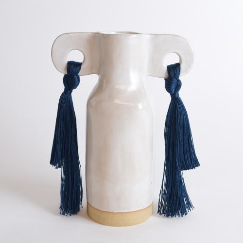 Handmade Ceramic Vase #606 in White Glaze with Blue Fringe | Vases & Vessels by Karen Gayle Tinney