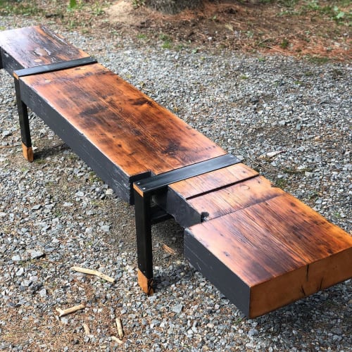 Outdoor Bench made using reclaimed barnwood flooring with blackened steel legs | Benches & Ottomans by Basemeant WRX