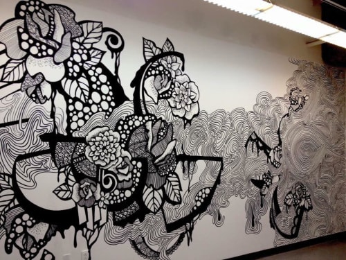 Black and white mural by Olivia Obrecht seen at Otis College of Art and