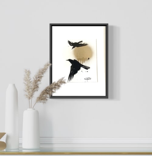 Painting minimalistic graphics flight Raven framed | Paintings by Oplyart