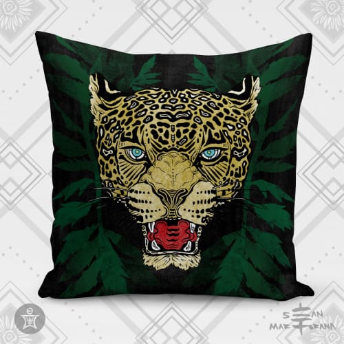 Jaguar w/ Marigold Leaves Velvet Cushion | Pillows by Sean Martorana
