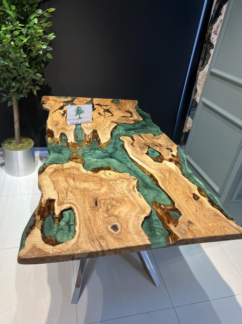 Green epoxy dining table, olive wood epoxy table | Tables by Brave Wood
