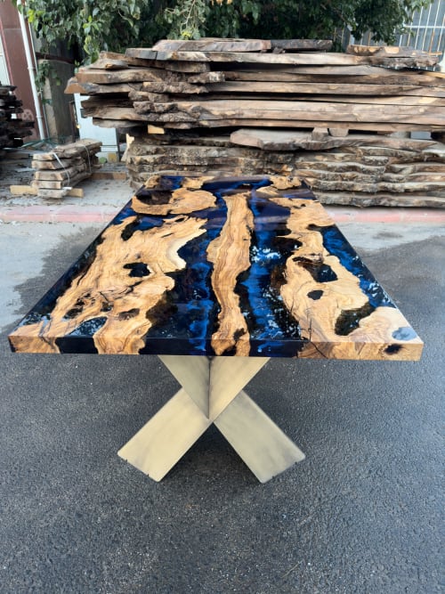 Blue Epoxy Dining Table- Resin Ocean Olive Wood Table | Tables by Tinella Collection