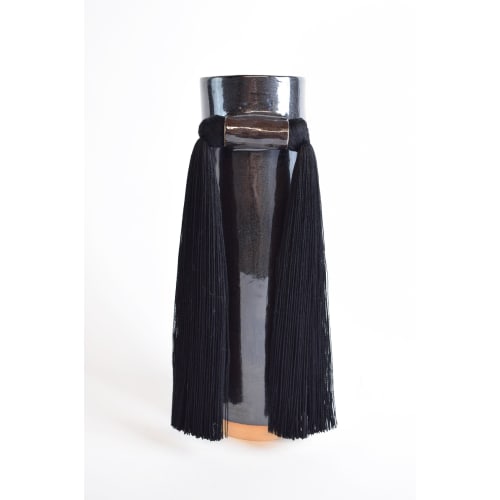 Handmade Ceramic Vase #531 in Black with Tencel Fringe | Vases & Vessels by Karen Gayle Tinney