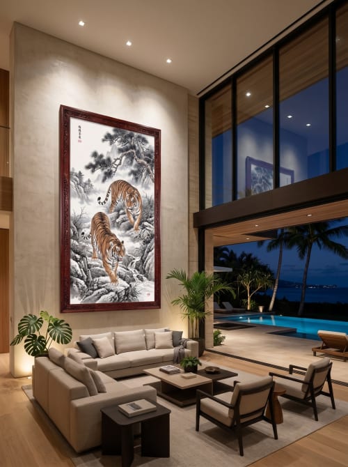Hand-Painted Song Gongbi Double Tigers Silk Landscape Art | Oil And Acrylic Painting in Paintings by Dynasty Artisan