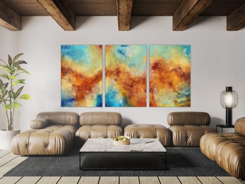 Imaginative traveller - large abstract textured triptych | Mixed Media by Andrada Anghel