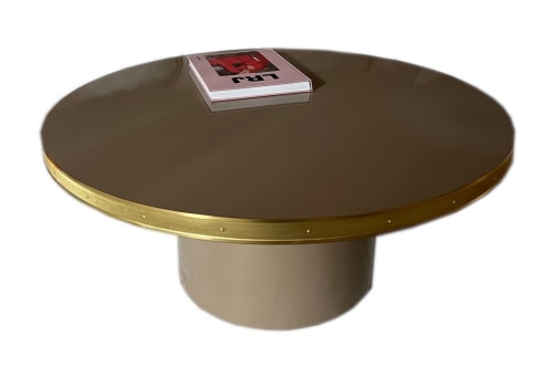 Coffee Table High Gloss Top Brass Tape Frame Pedestal Base | Tables by Jover + Valls