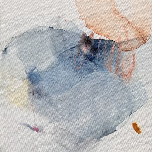 Square Abstract Painting in Blue Gray and Terracotta | Mixed Media in Paintings by Arohika Verma