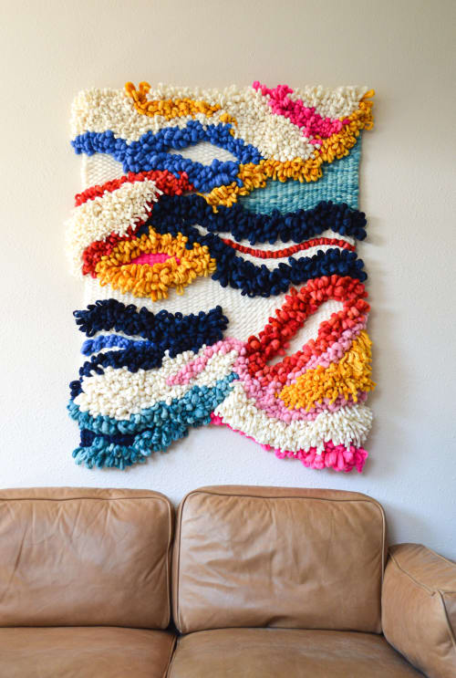 Sculptural Wool Tapestry with Red, Navy & Pink | Macrame Wall Hanging in Wall Hangings by Camille McMurry