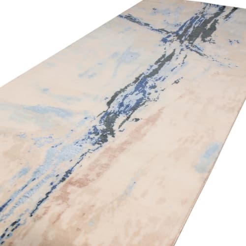Modern Abstract Rug with Beige and blue Distressed Pattern | Rugs by Rug and Kilim