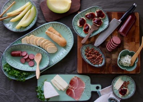 Cheese Stone Board in Aqua Mist - Geometric Dot Design | Tableware by Back Bay Pottery | Private Residence in Baywood-Los Osos