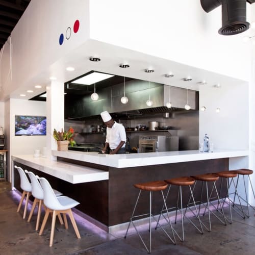 L'Appart by Airfood Restuarant - Banquette, Bar and POS area | Furniture by Angel City Woodshop | L'APPART by AIR FOOD in Los Angeles