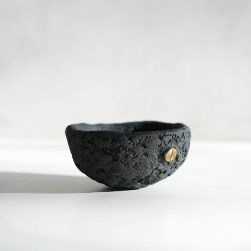 Small Treasure Bowl in Black Concrete with Brass Detail | Decorative Objects by Carolyn Powers Designs