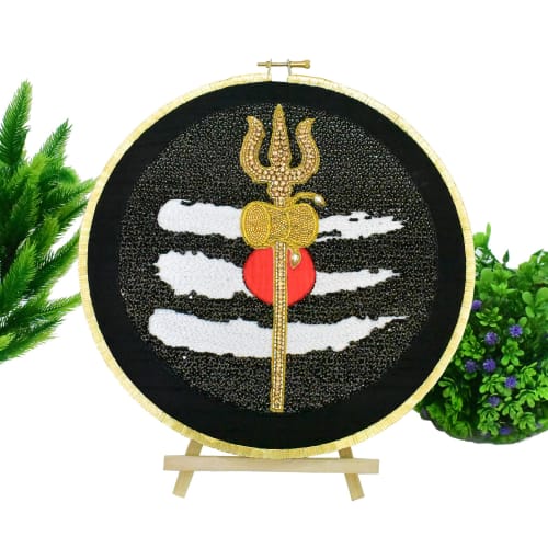 Adi Yogi Lord Shiva Trident and Damru Embroidered Artwork | Embroidery in Wall Hangings by MagicSimSim