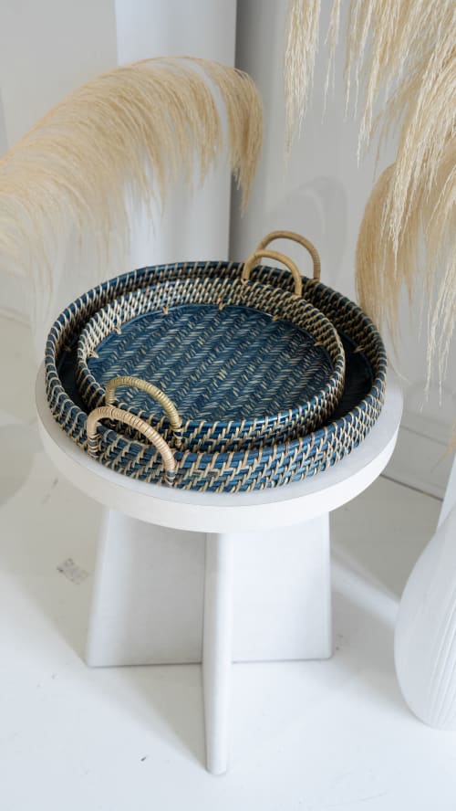 Handmade Round Bamboo and Cane Tray with Handles | Serving Tray in Serveware by Amara