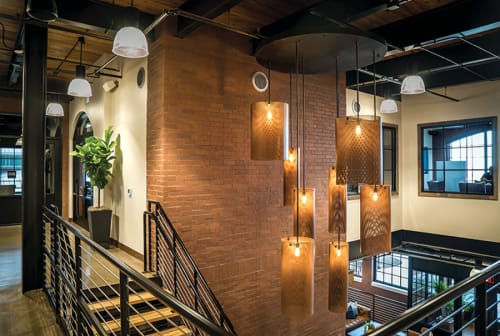 Custom Perforated Metal Pendants | Pendants by ILEX Architectural Lighting | Betenbough Homes - Home Office in Lubbock