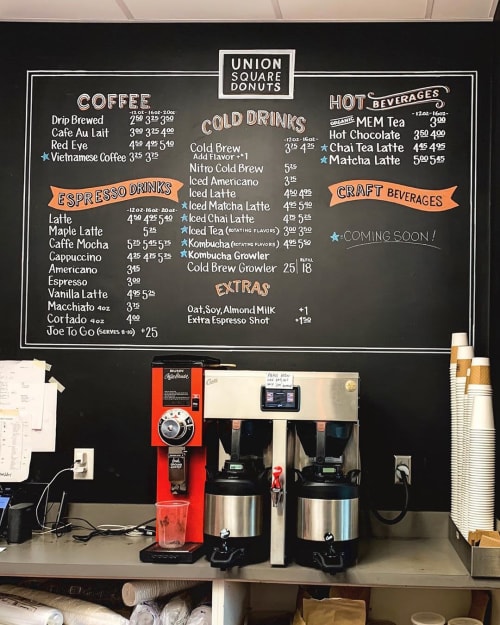 Coffee Menu | Murals by Chalkin About Boston | Union Square Donuts in Brookline