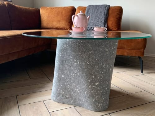 White Stone Low Glass Top Coffee Table - Plinth Series | Side Table in Tables by Donatas Žukauskas