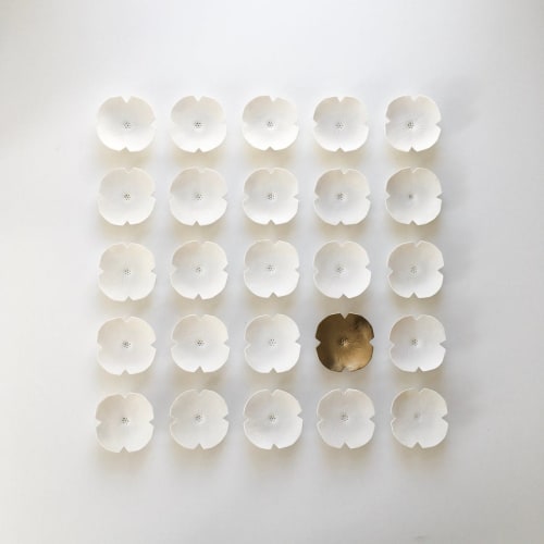 Set Of 25 Ceramic Flowers White & Gold | Wall Hangings by Elizabeth Prince Ceramics