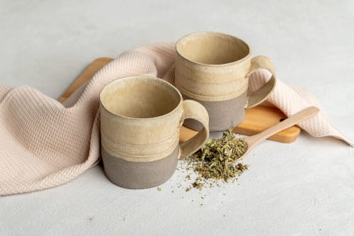 Cream-Beige & Gray Stoneware Handmade Tea Mug Set