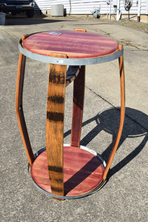 Barista Barrel Table with wine glass holder | Tables by RAW Woodworks | Noble Estate Vineyard and Winery in Eugene